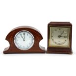 Two mantle clocks comprising a mahogany Elliott mantle clock retailed by Pyke & Sons and an inlaid