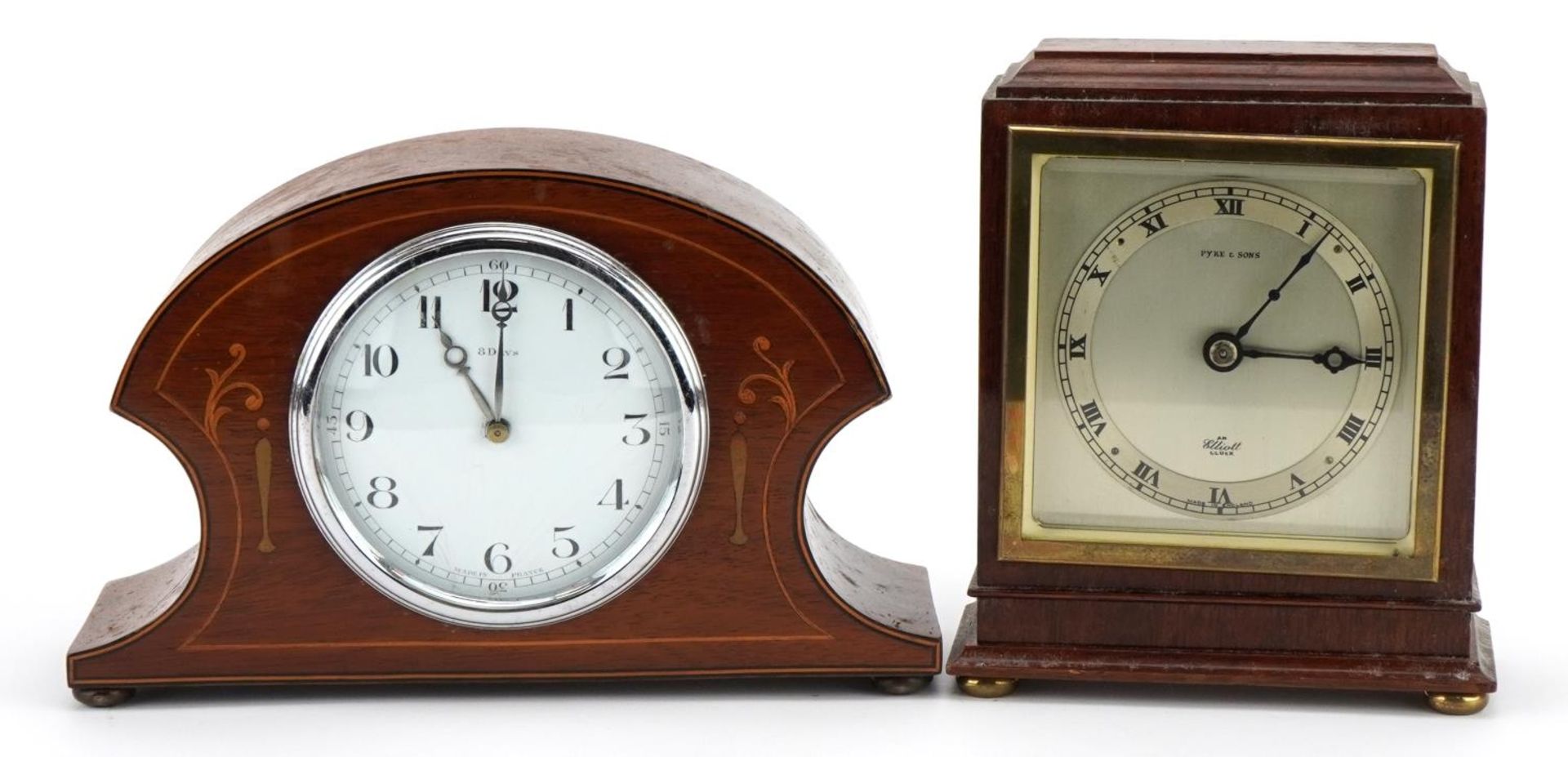 Two mantle clocks comprising a mahogany Elliott mantle clock retailed by Pyke & Sons and an inlaid