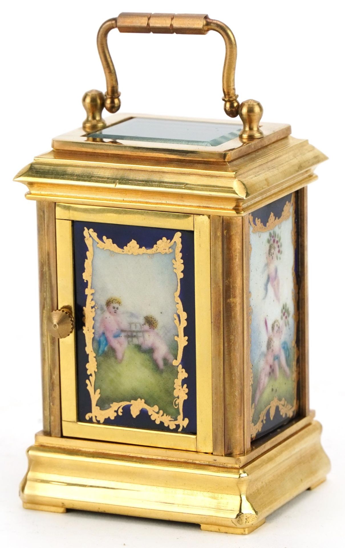 Miniature brass carriage clock with Sevres type panels and Roman numerals, 8.5cm high - Image 2 of 4