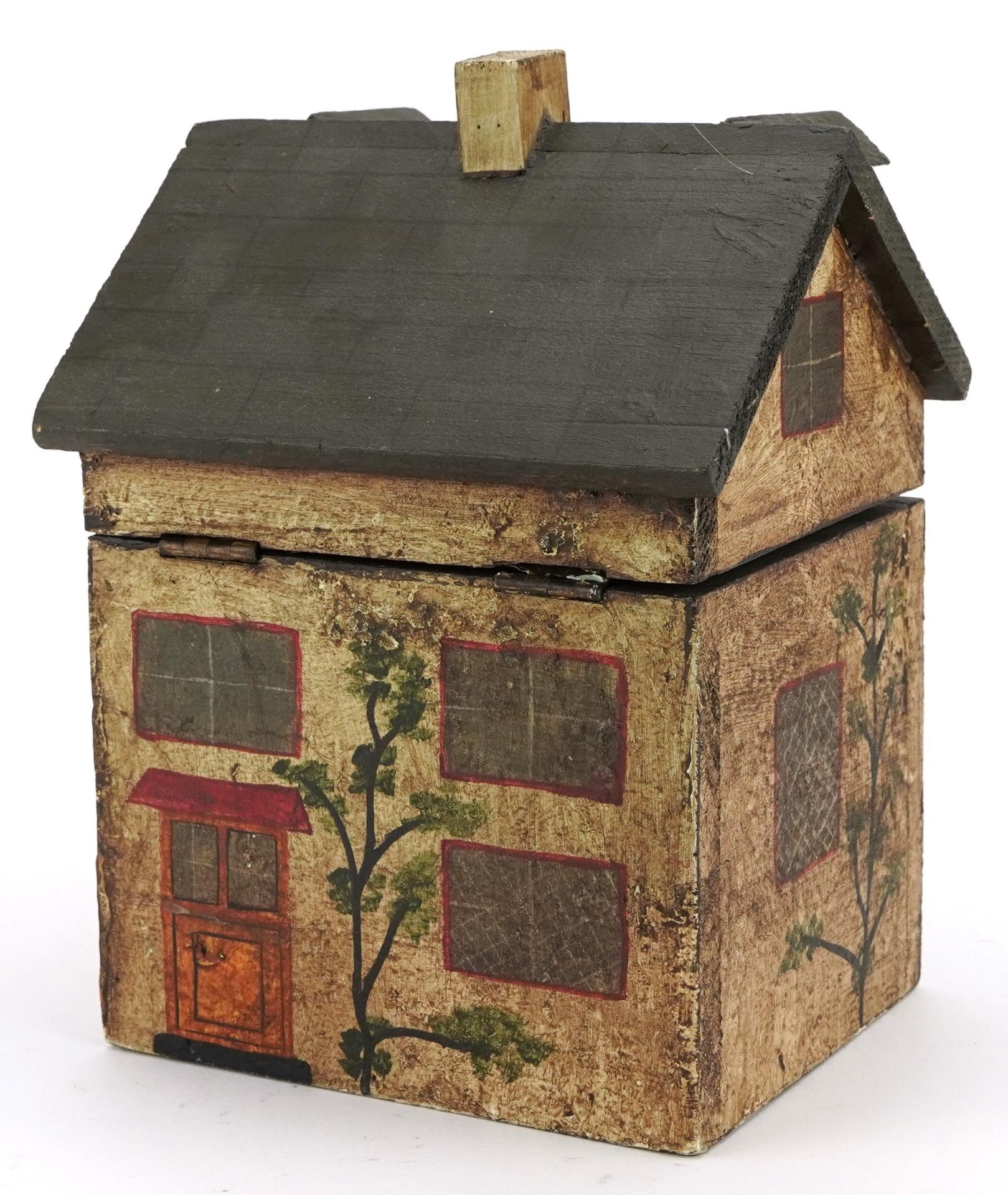Hand painted wooden box with hinged lid in the form of a Georgian house, 22cm H x 16cm W x 14cm D - Image 3 of 4