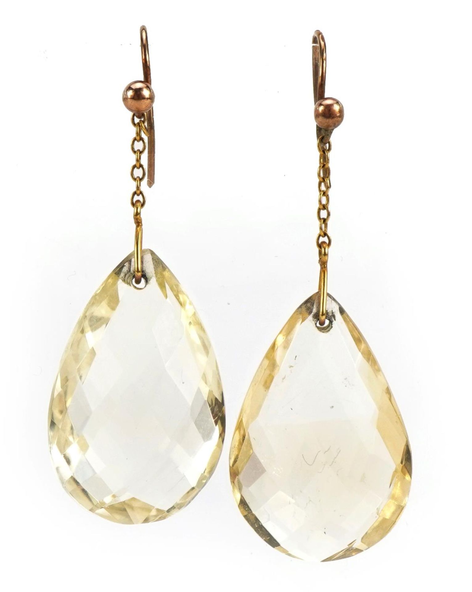 Pair of citrine teardrop earrings with yellow metal mounts, 4cm high, 6.2g