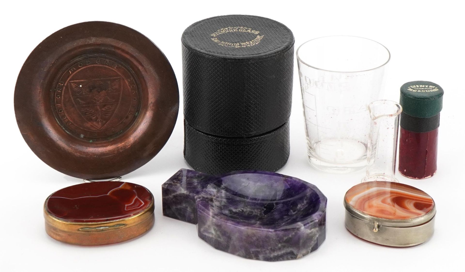 Objects including an amethyst dish, antique glass medical measure with case and two agate snuff