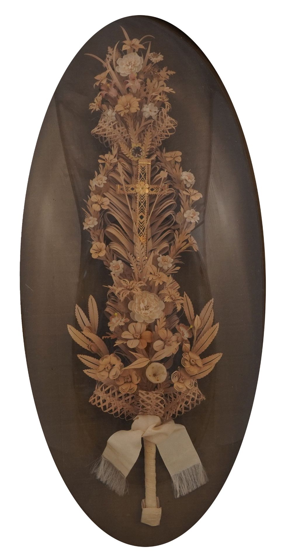 Welsh memorial bamboo and silk floral diorama housed in a convex glass case with gilt frame,