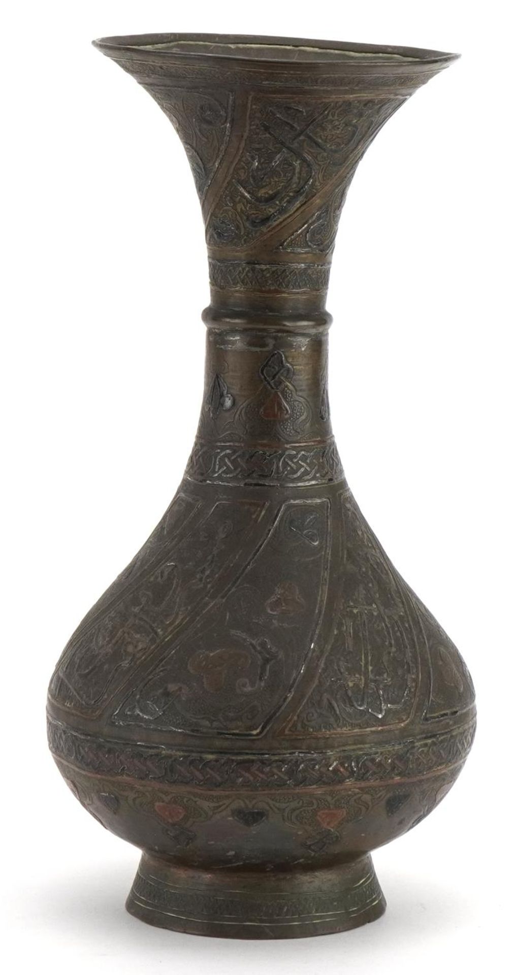Islamic Cairoware brass vase with silver and copper inlay decorated with calligraphy and flowers,