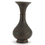 Islamic Cairoware brass vase with silver and copper inlay decorated with calligraphy and flowers,