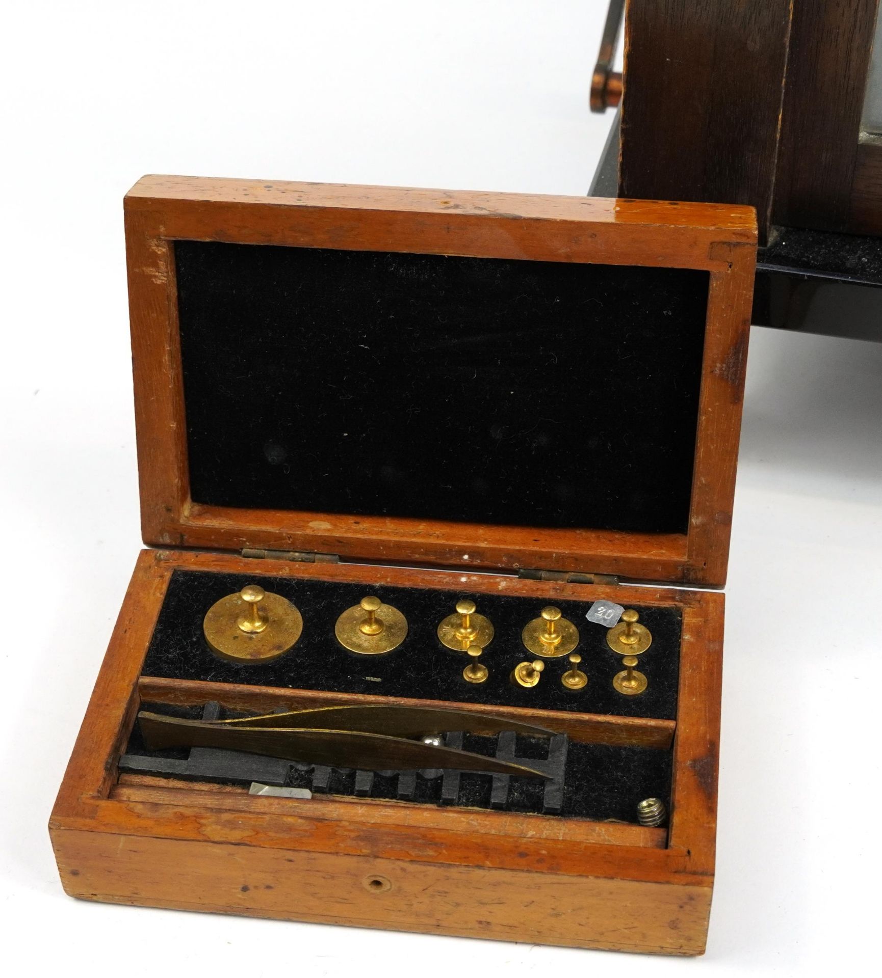 Paul Bunge of Hamburg, set of brass balance scales housed in a glazed oak display case, 43cm H x - Image 2 of 5