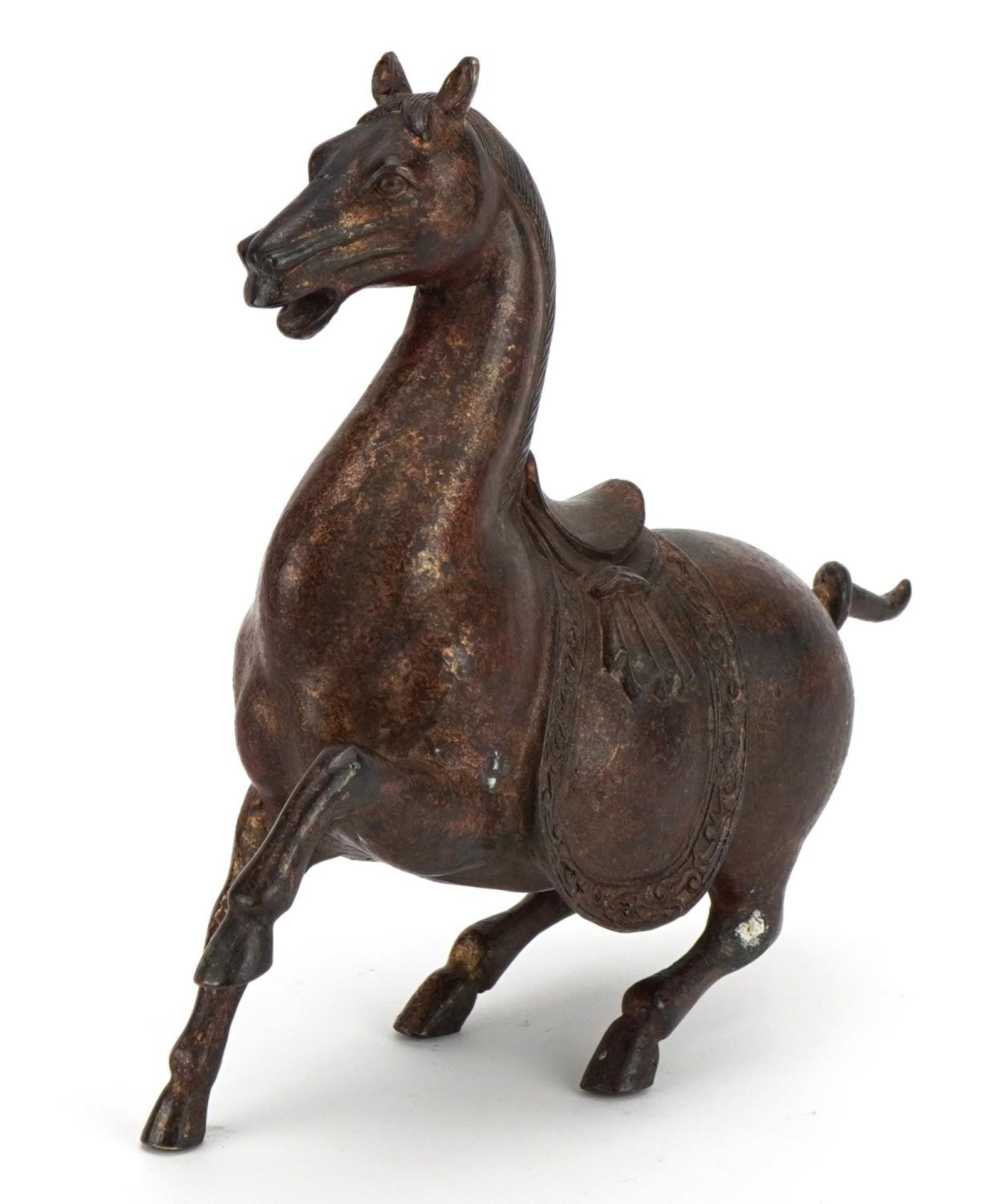 Chinese partially gilt patinated bronze horse, 22cm high