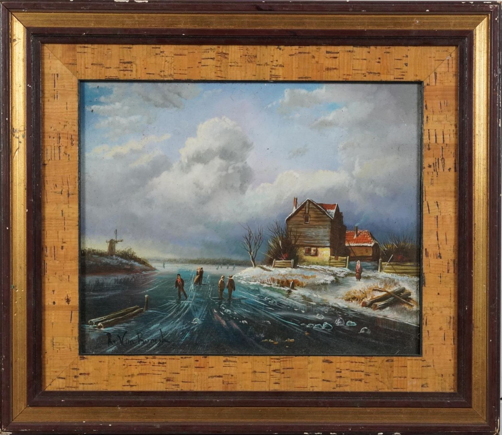 Dutch winter landscape with figures skating, oil on board, indistinctly signed, possibly R Van - Bild 2 aus 4