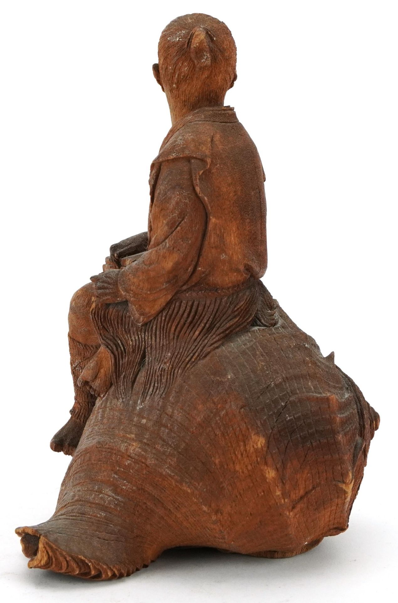 Chinese hardwood carving of a man seated on a shell, incised character marks to the base - Image 2 of 3