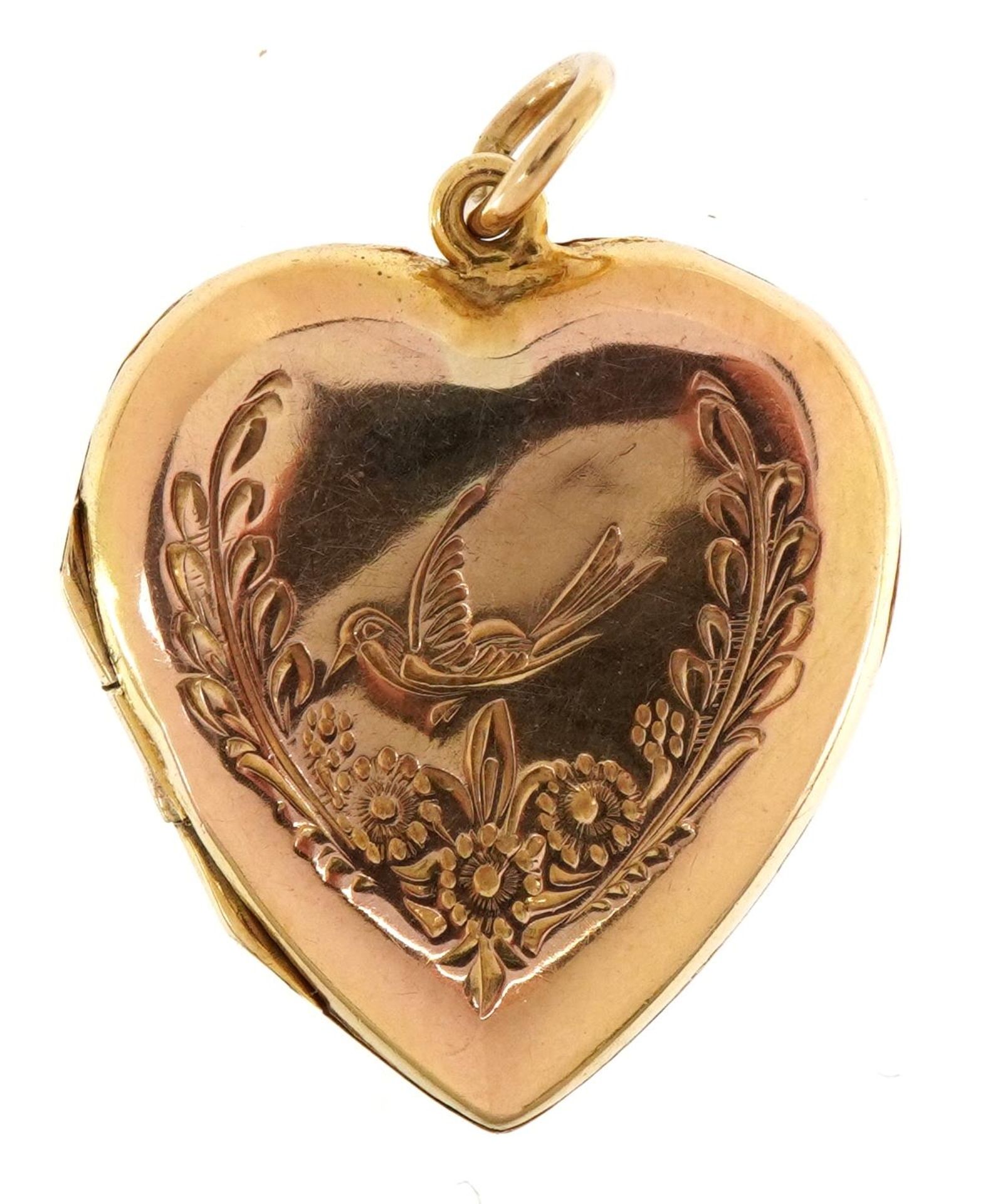 9ct gold love heart locket engraved with flowers and a bird, 2.2cm high, 2.5g