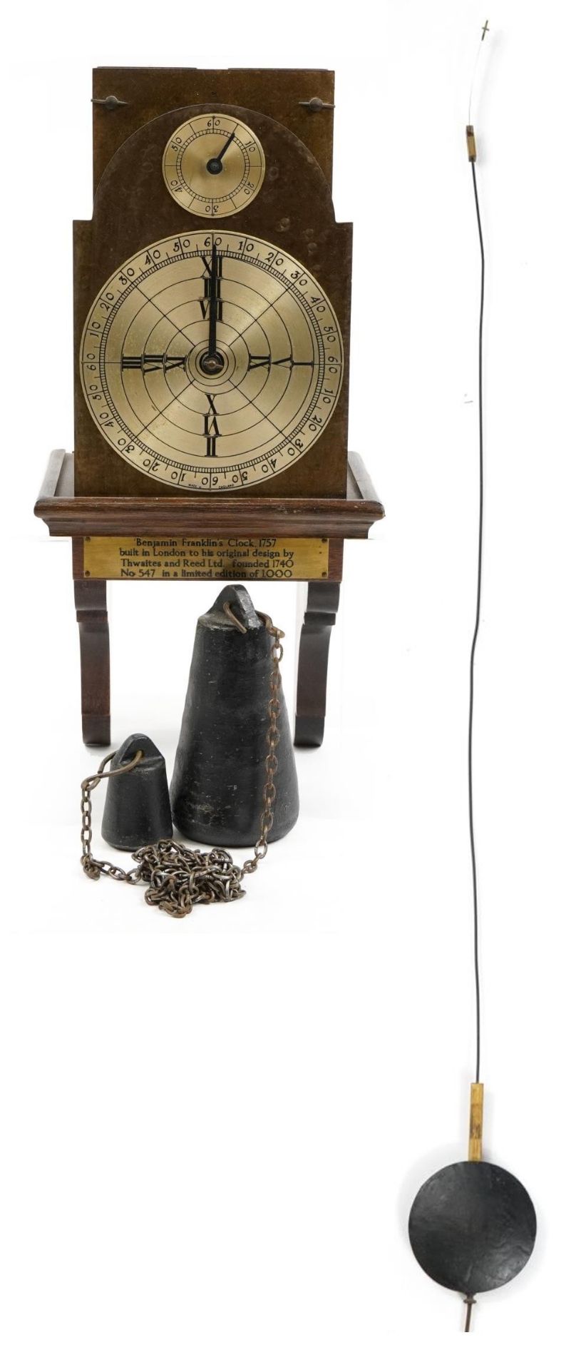 Replica model of Benjamin Franklin's wall clock built in London by Thwaites & Reed Ltd, limited