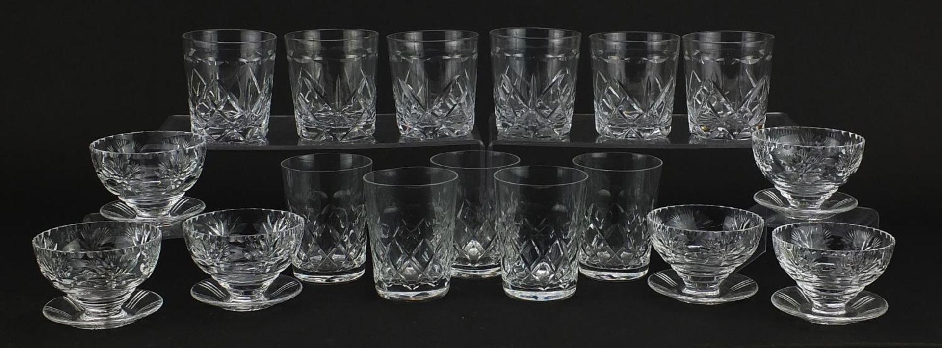 Cut glassware comprising set of six tumblers, set of six sundae dishes and five other tumblers