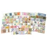 Collection of world banknotes including Russia, Spain and France