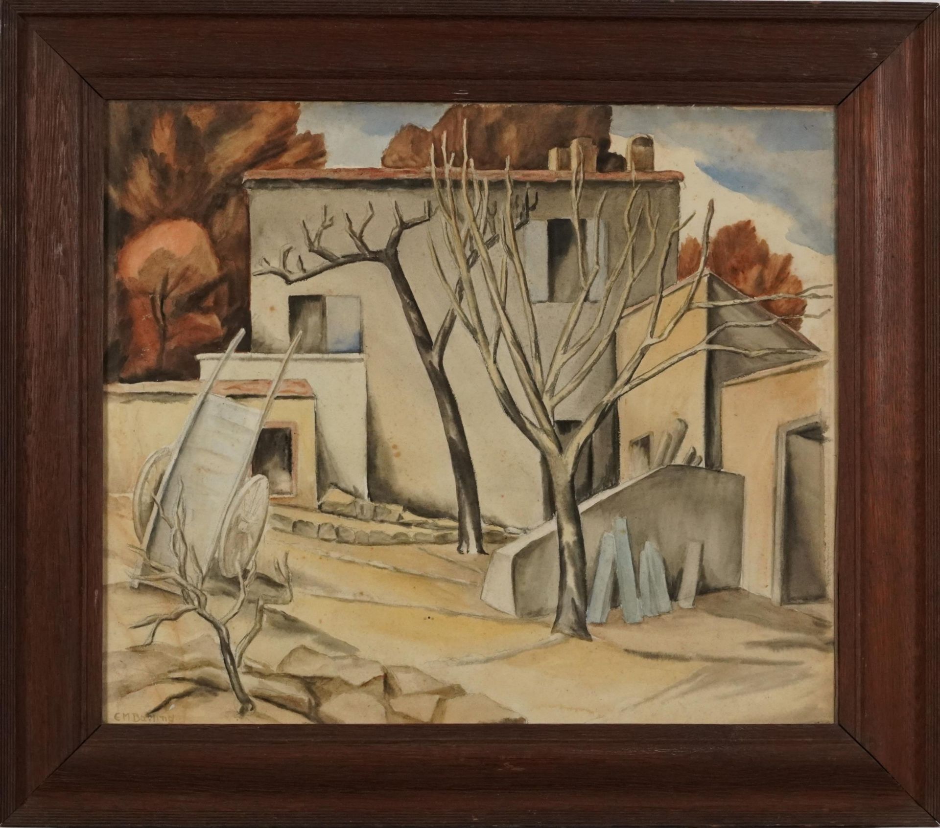 Elsie Barling - Wheelbarrow before trees and buildings, British school watercolour, framed and - Image 2 of 4