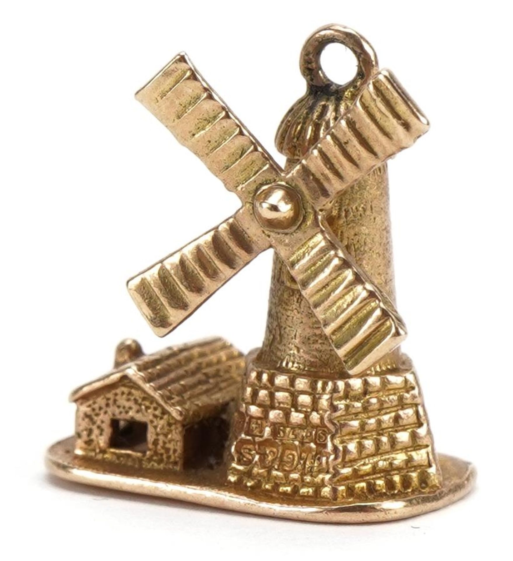 9ct gold windmill charm with rotating arms, 1.6cm high, 3.4g