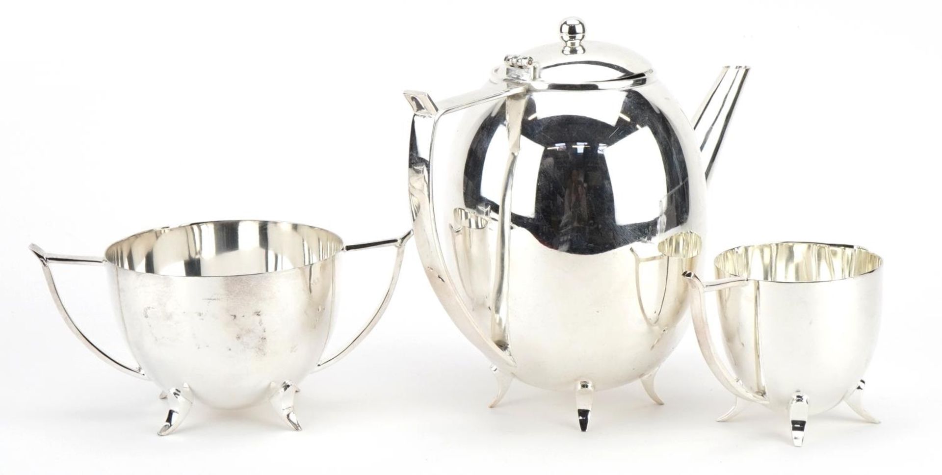 Art Deco style silver plated three piece tea set, the teapot 21cm wide - Image 2 of 4