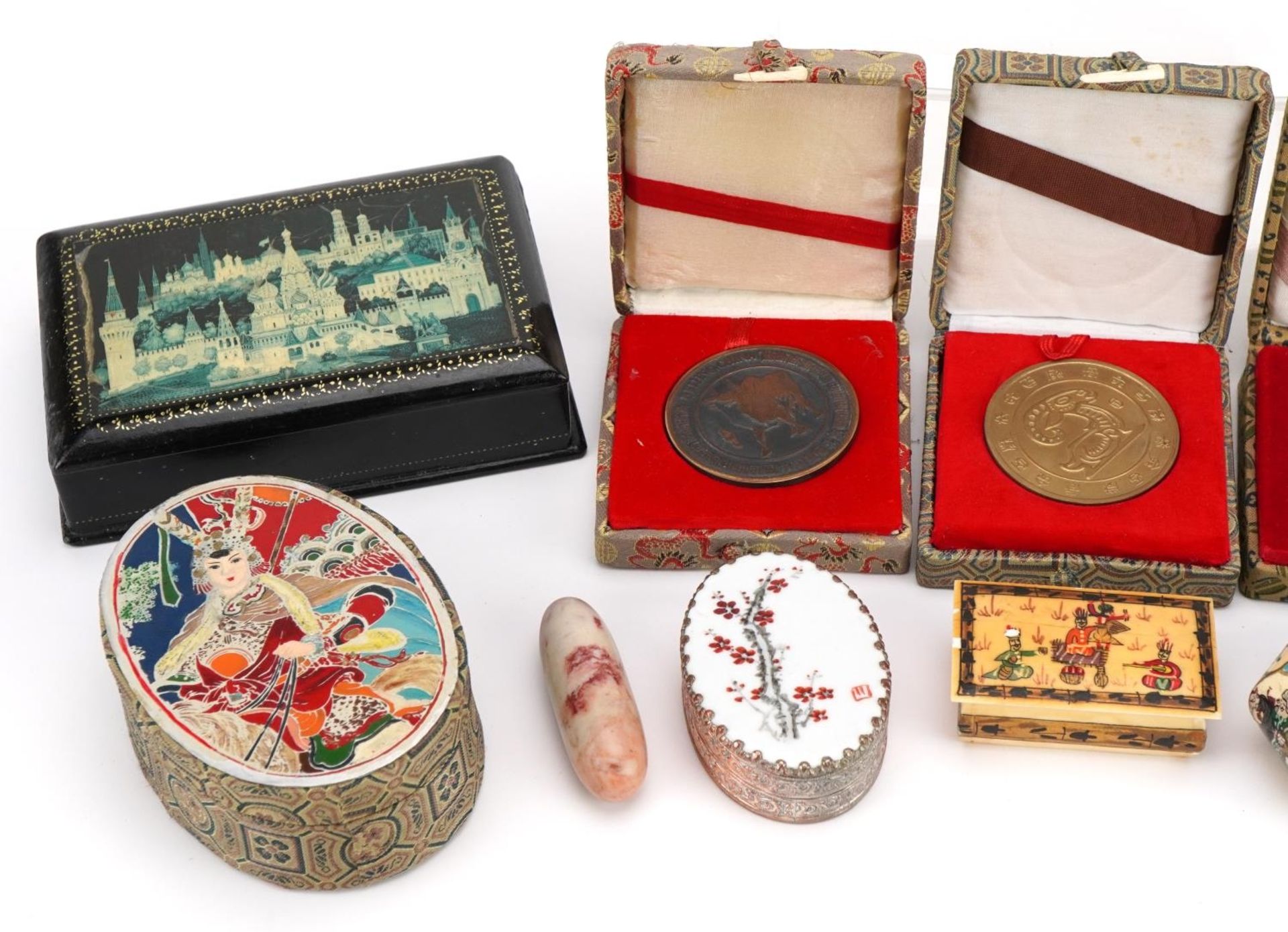 Sundry items including Persian painted bone boxes, Chinese medallions and a Russian lacquered box, - Image 2 of 3