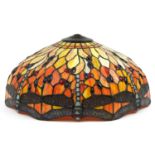 Large Tiffany design leaded glass lampshade decorated with dragonflies, 55cm in diameter