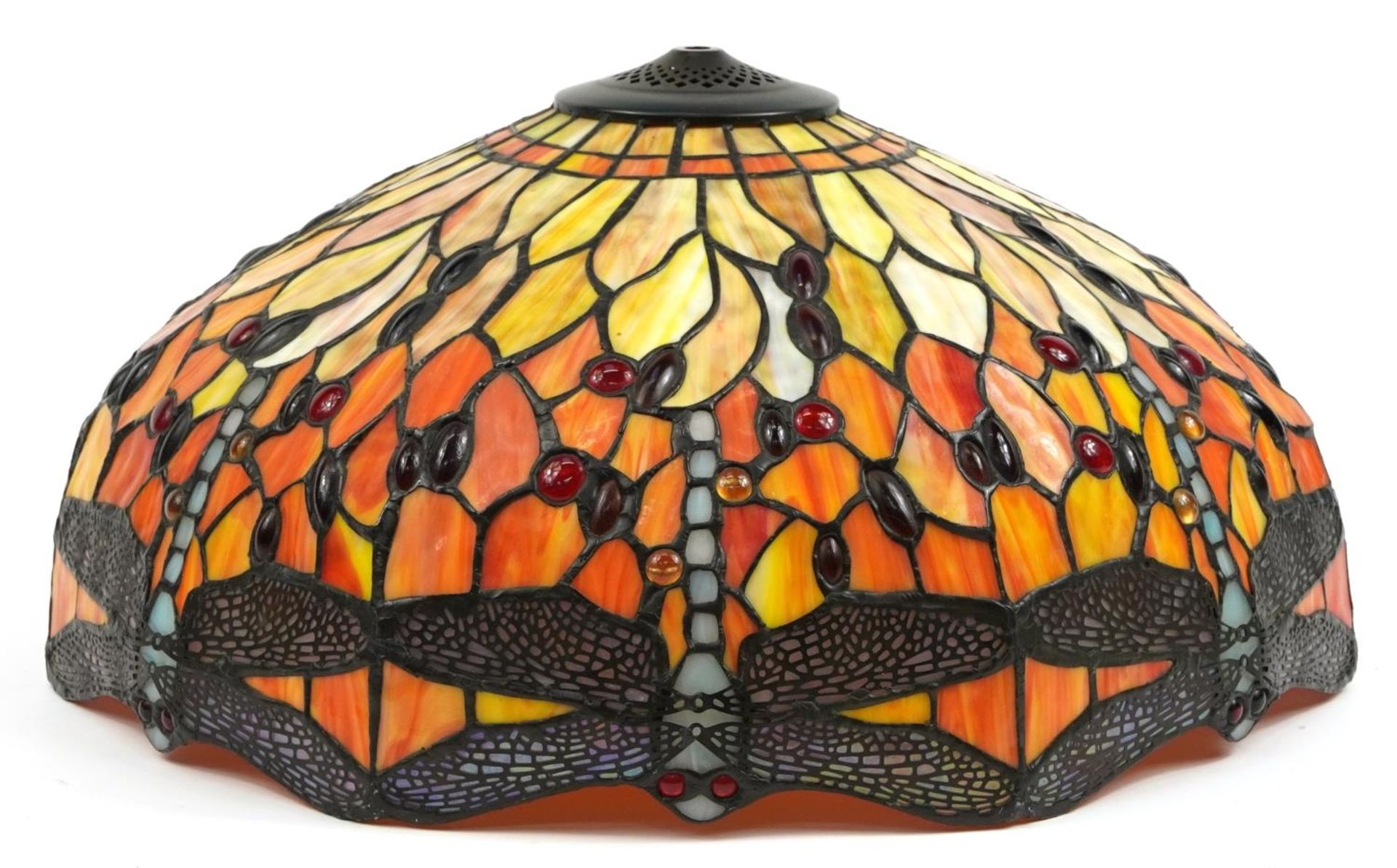 Large Tiffany design leaded glass lampshade decorated with dragonflies, 55cm in diameter