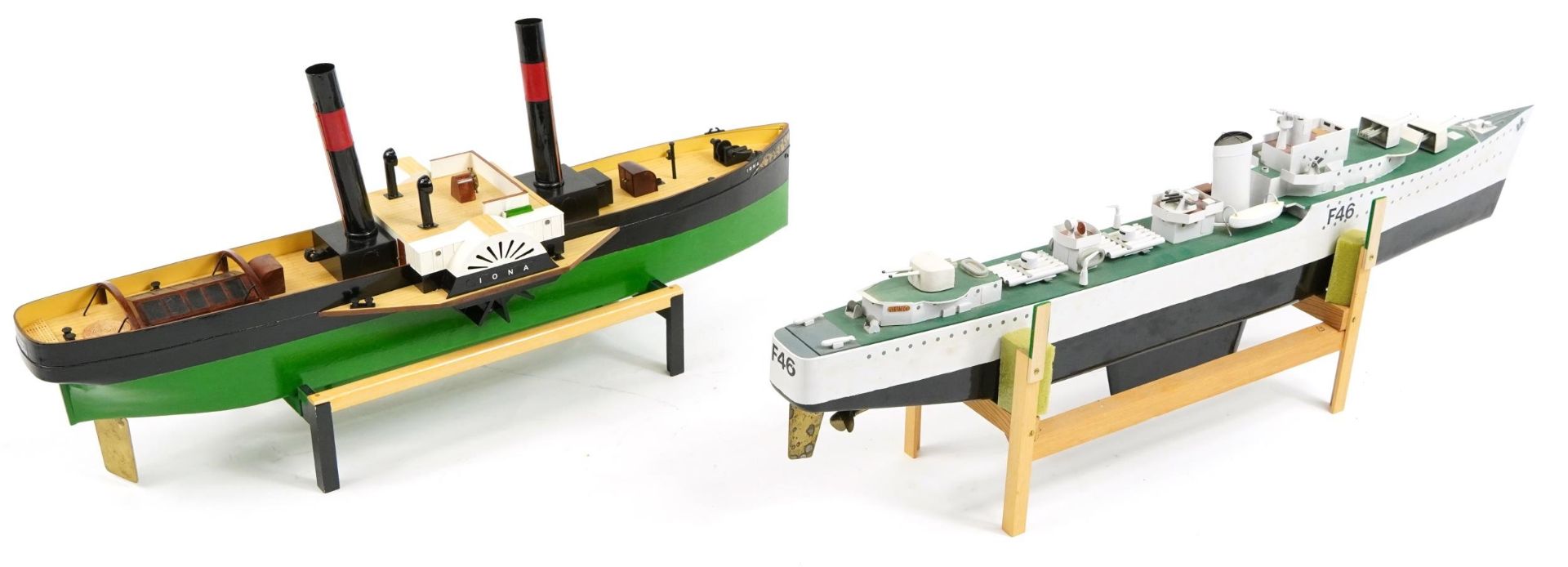 Two large hand painted model boats by John Evans raised on display stands, the largest 76cm in - Image 2 of 2
