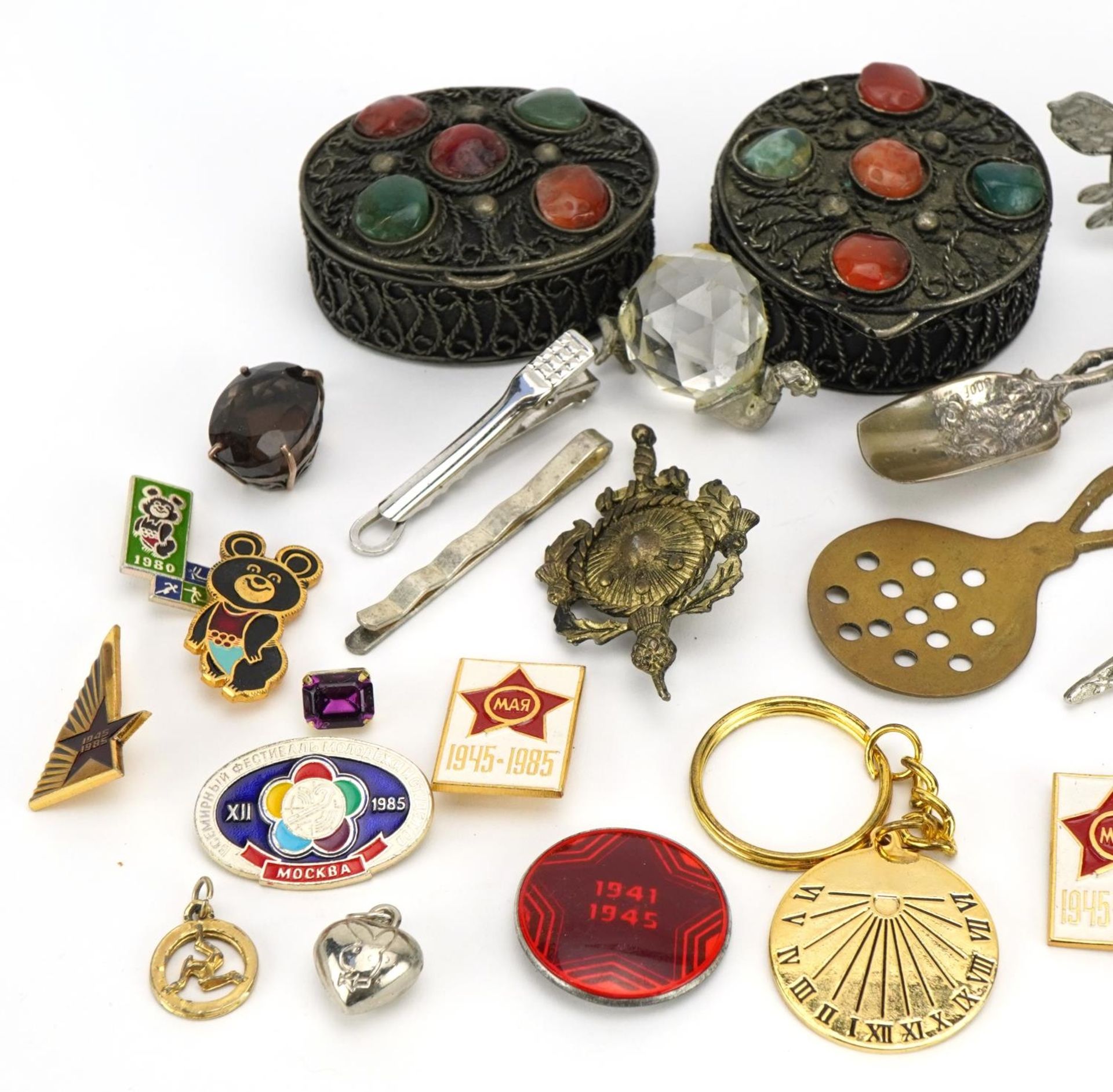 Objects including Russian enamelled badges, trinkets and a vintage Buler gentlemen's wristwatch - Image 2 of 3