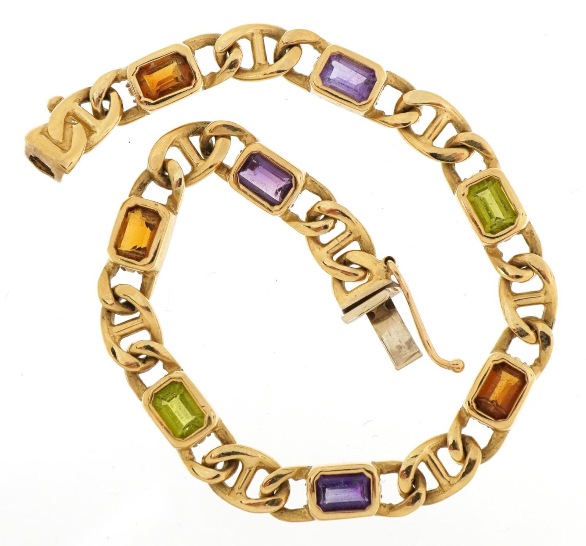 9ct gold curb link design bracelet set with purple, green and orange stones, 17.5cm in length, 12.4g - Image 2 of 4