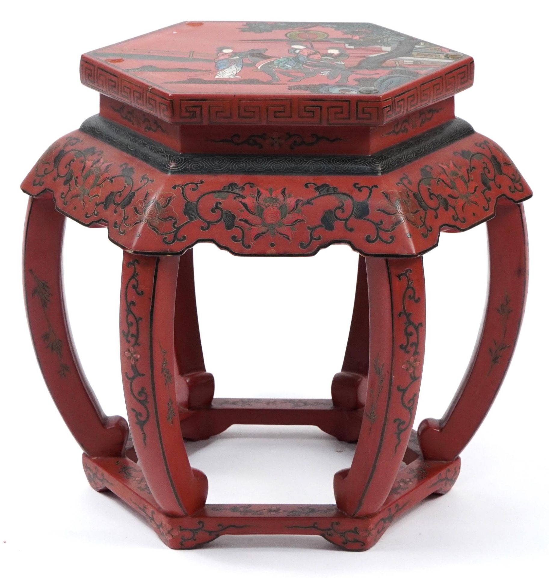 Chinese red lacquered chinoiserie occasional table, 48cm H x 52cm W x 46cm D