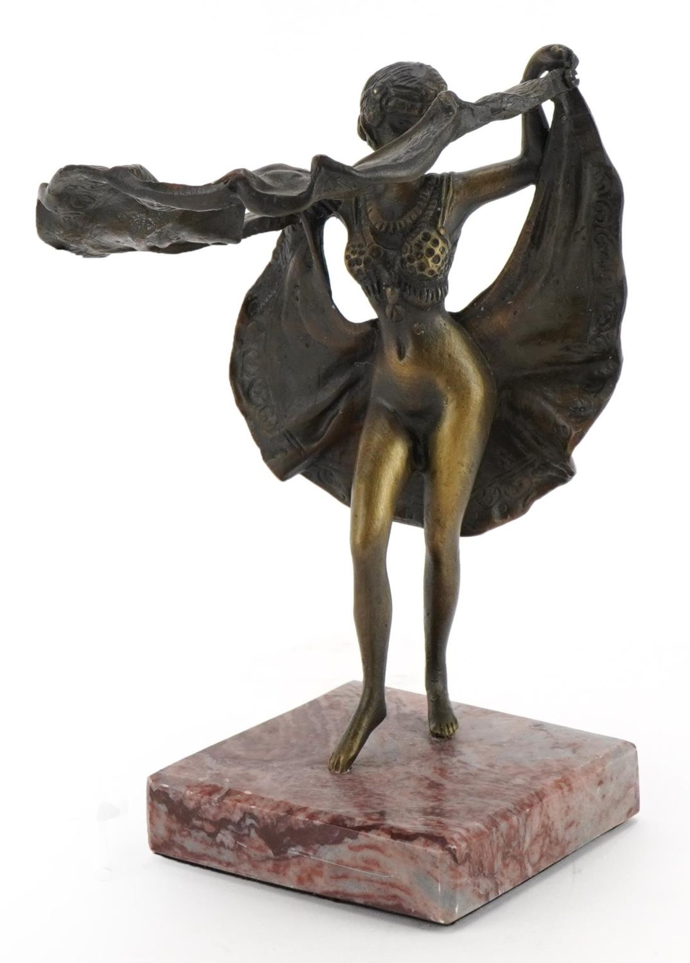 Patinated bronze figurine of an Art Deco dancer with lift up skirt raised on a marble base, 15.5cm - Bild 2 aus 5