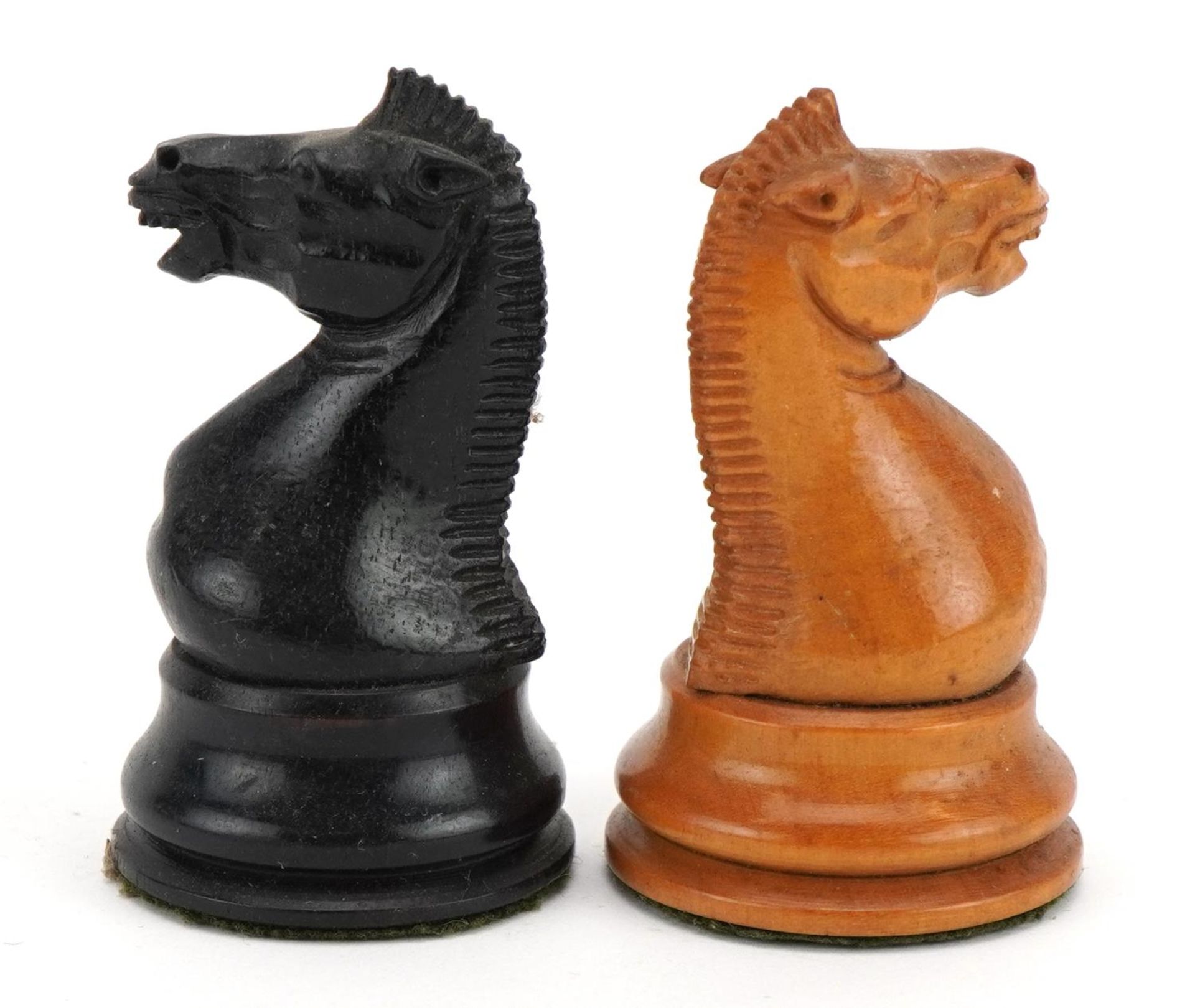 Jaques of London, boxwood and ebony Staunton pattern chess set, the largest pieces each 9cm high - Image 5 of 7