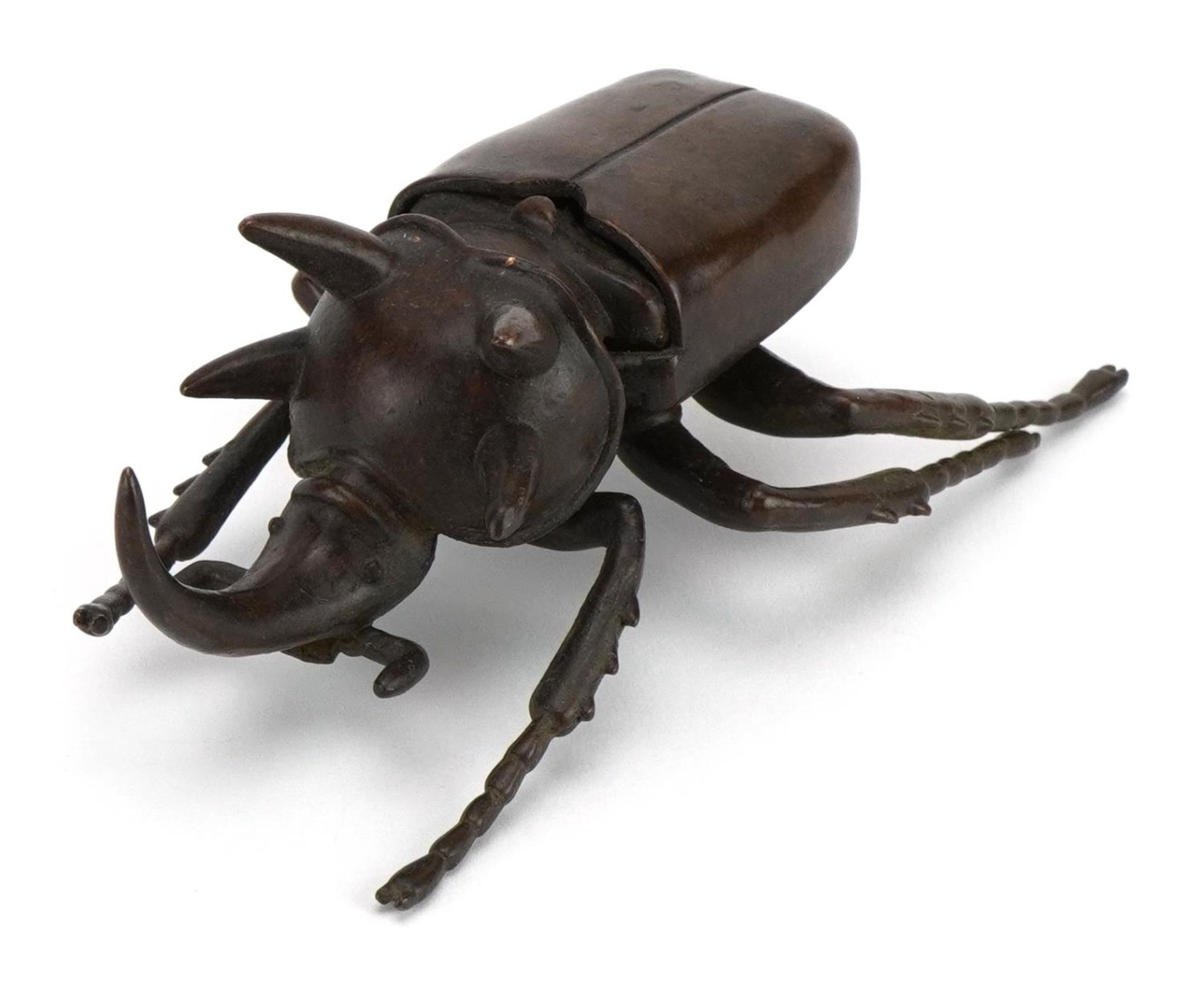 Japanese patinated bronze stag beetle with hinged back 10.5cm in length