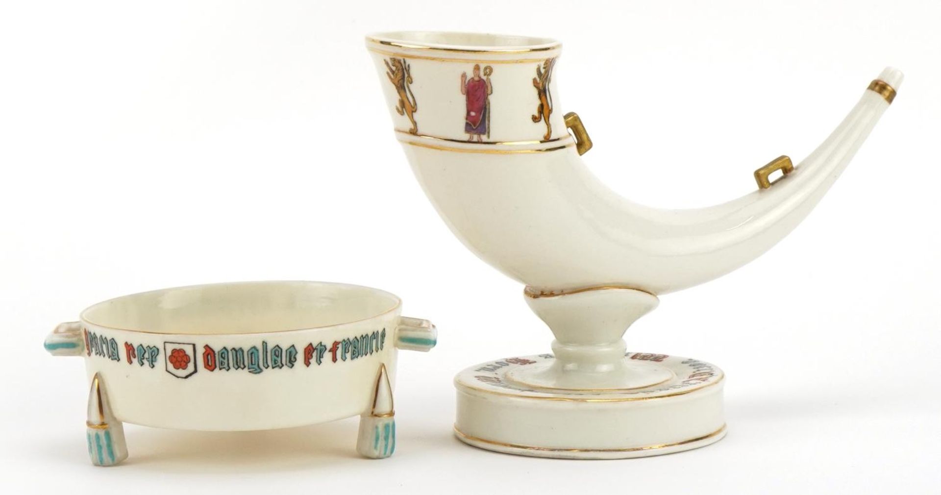 W H Goss crested china comprising Warders Horn Winchester Castle and model of Winchester Bushel