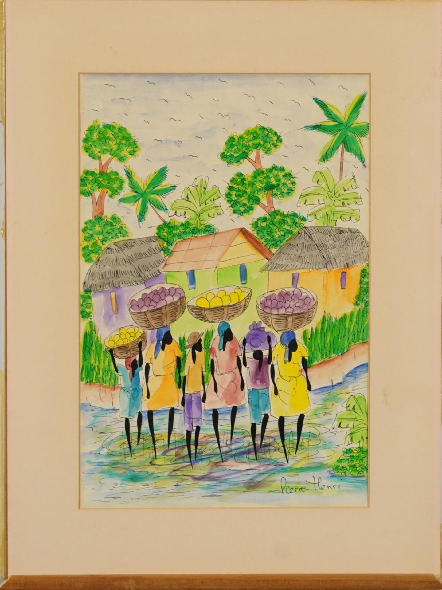 Figures carrying fruit and figures in a boat, pair of African school ink and watercolours, one - Image 3 of 9