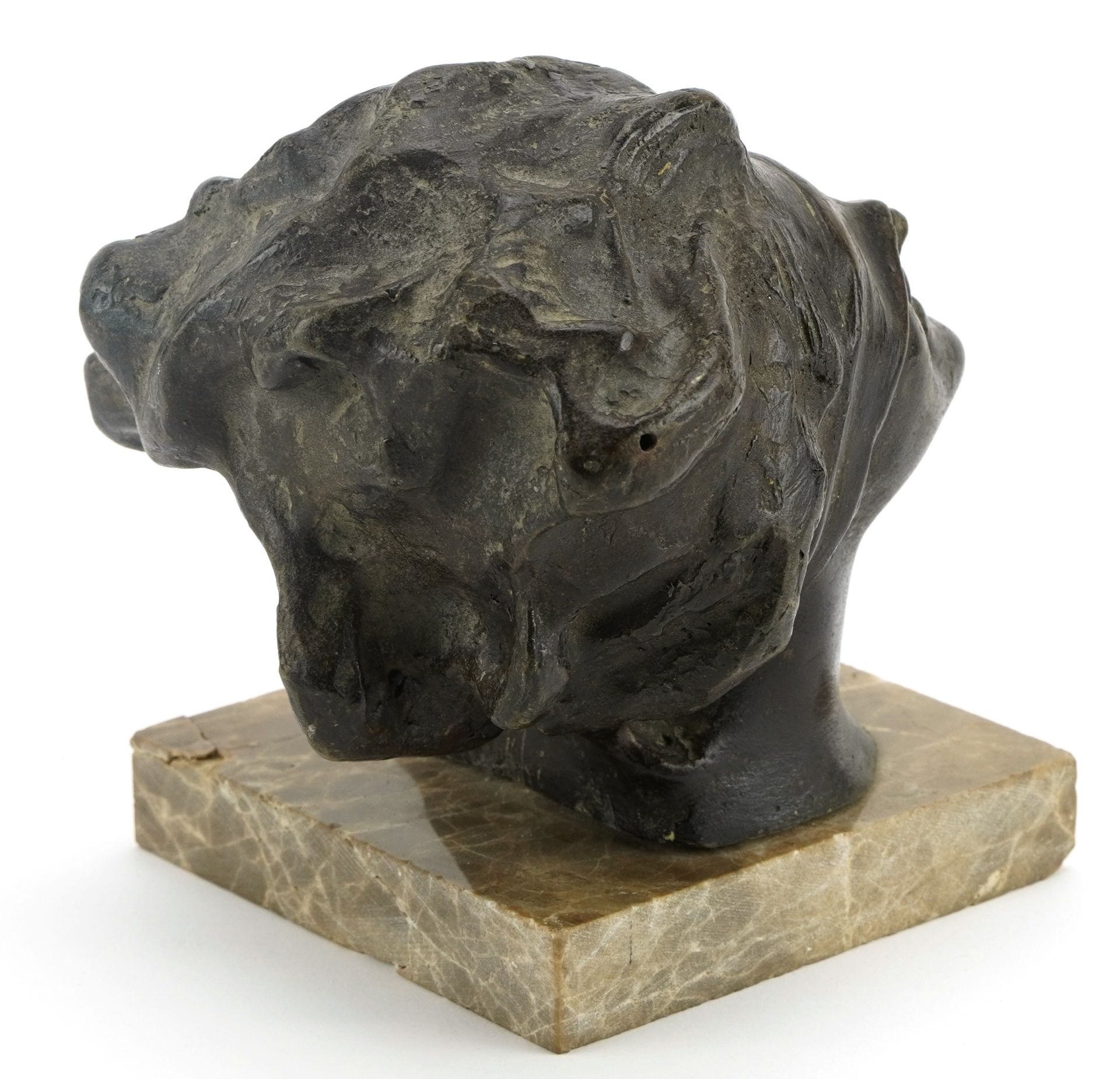 Patinated bronze bust of a blindfolded female raised on a square marble base, 14.5cm high - Image 2 of 3