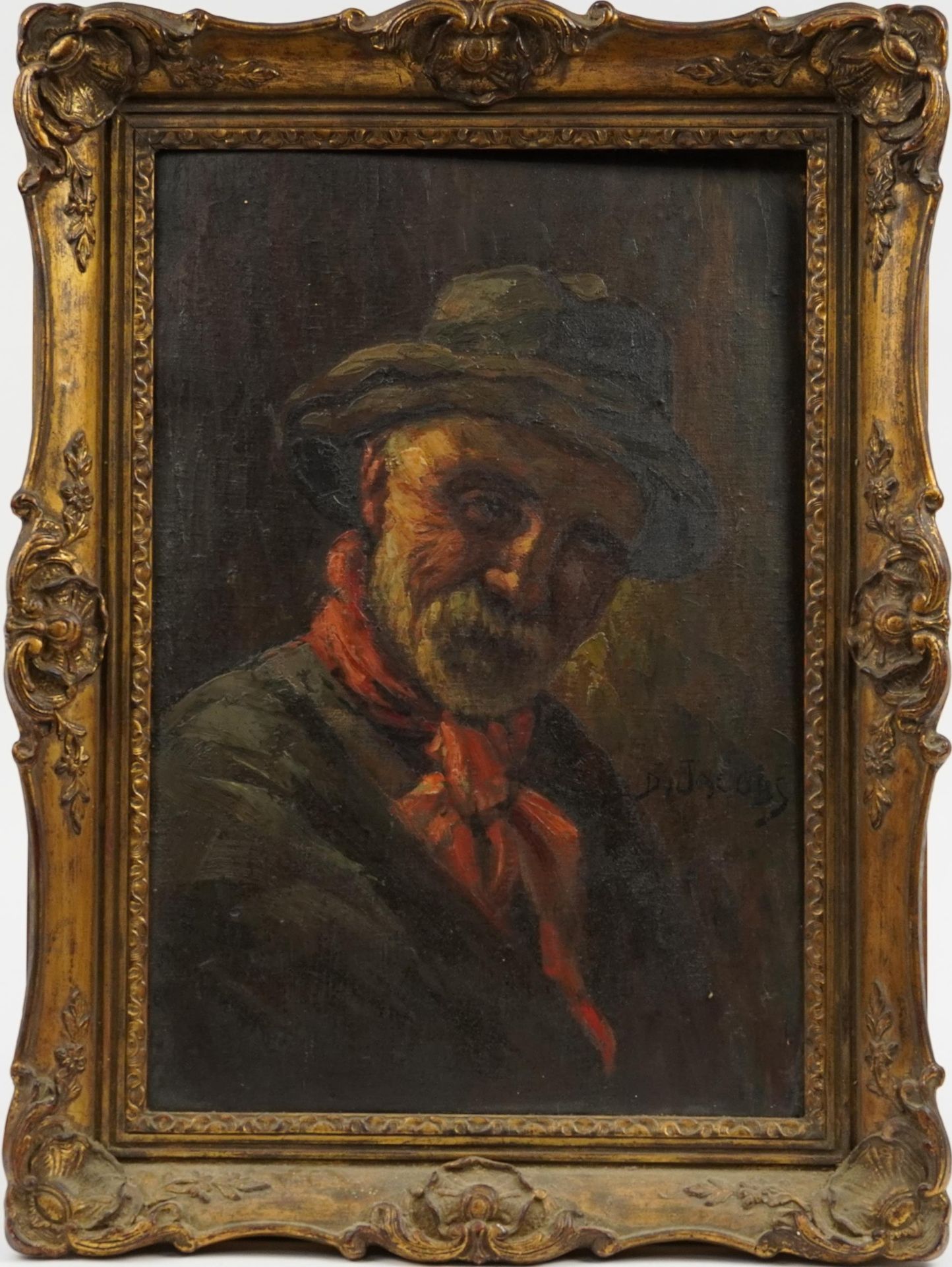 D Jacobs - Head and shoulders portrait of a bearded gentleman wearing a hat, oil on board, mounted - Bild 2 aus 4