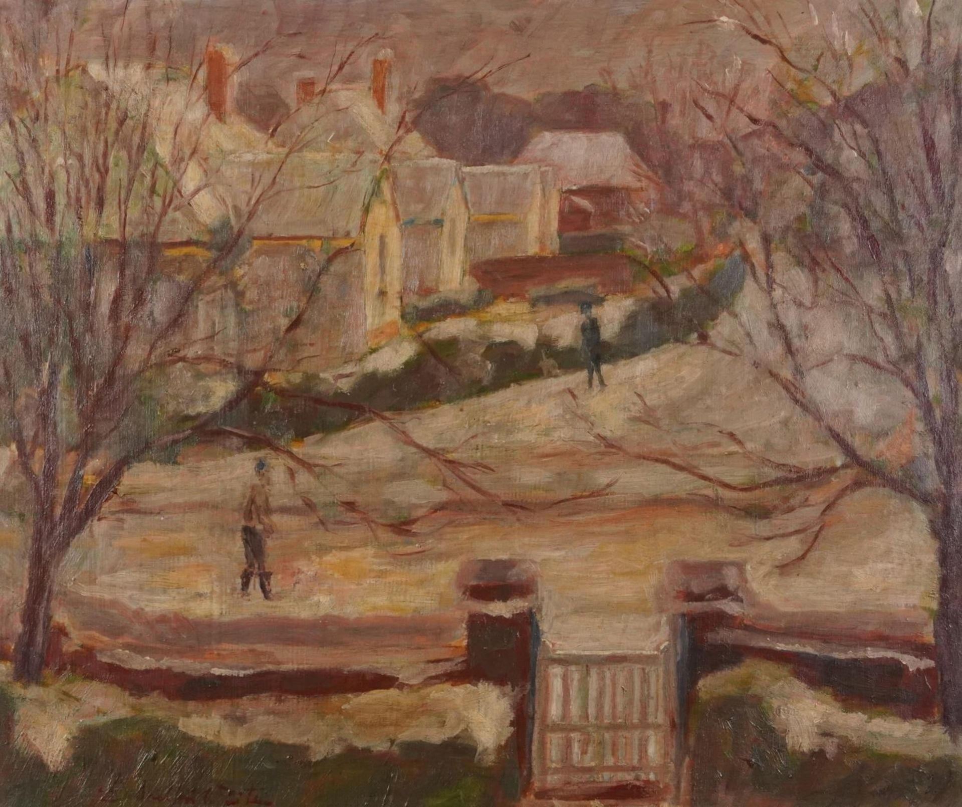 Winter street scene with two figures, oil on board, mounted and framed, 60cm x 49.5cm excluding