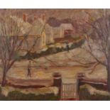 Winter street scene with two figures, oil on board, mounted and framed, 60cm x 49.5cm excluding