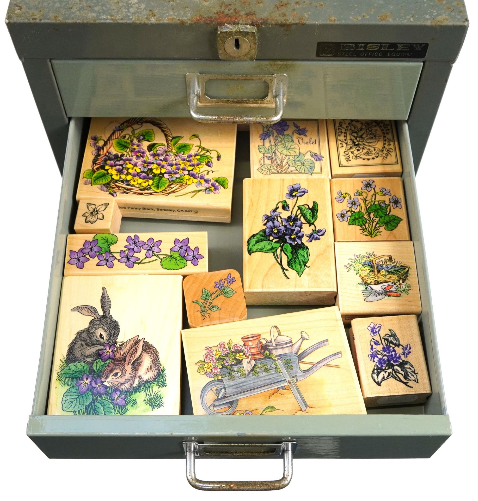 Large collection of wooden printing blocks and ink stamps housed in a Bisley ten drawer filing - Image 4 of 13