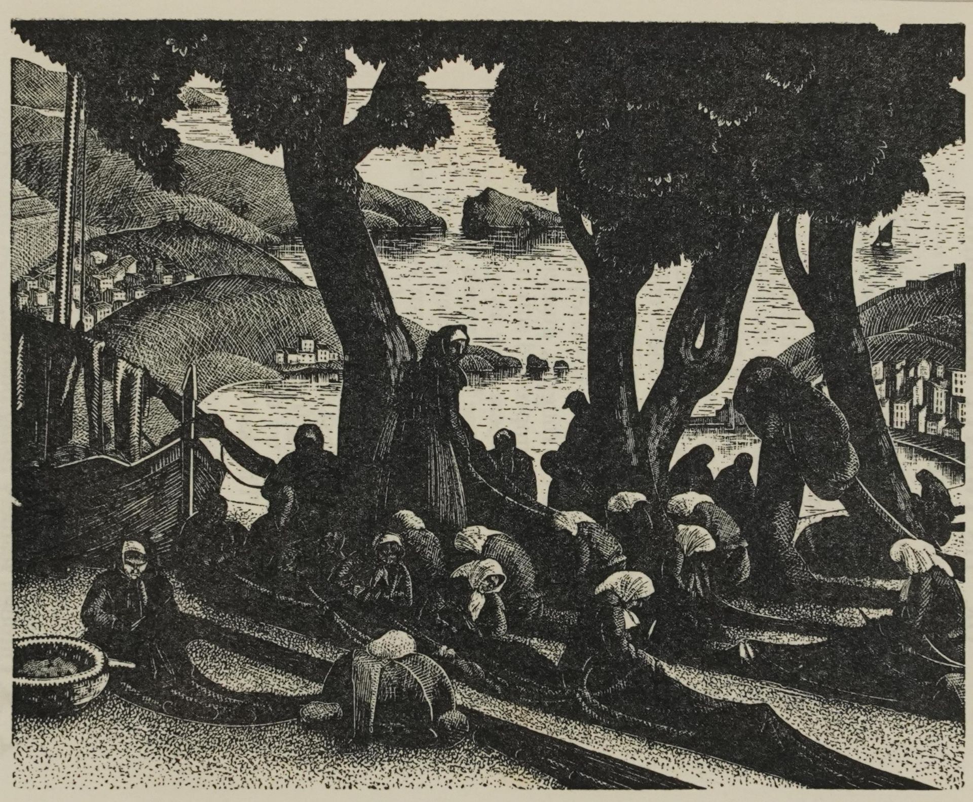 After Clare Leighton - The Net Menders, wood engraving, inscribed verso, published in The London