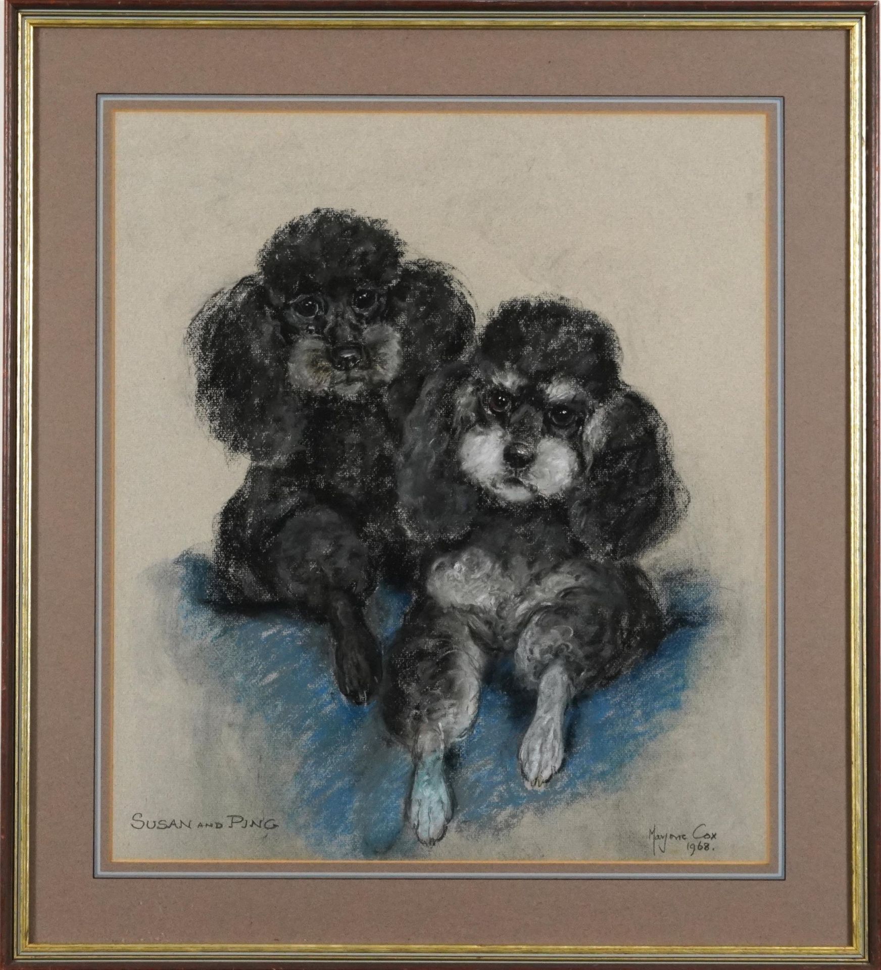 Marjorie Cox 1968 - Portrait of two Poodles called Susan & Ping, signed pastel, mounted, framed - Image 2 of 4