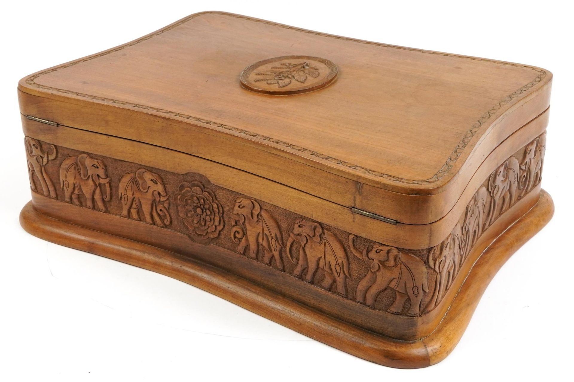 Anglo Indian wooden box with hinged lid carved with elephants, 20cm H x 58.5cm W x 43cm D - Image 3 of 4