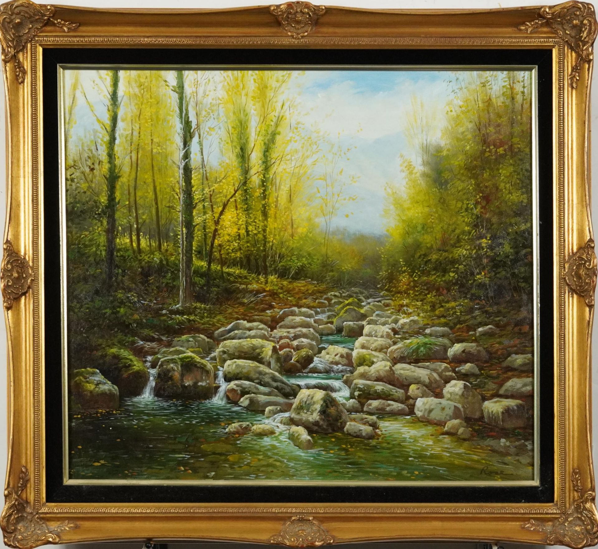 Wooded landscape with rocky waterfall, oil on canvas, mounted and framed, 60cm x 49.5cm excluding - Bild 2 aus 5