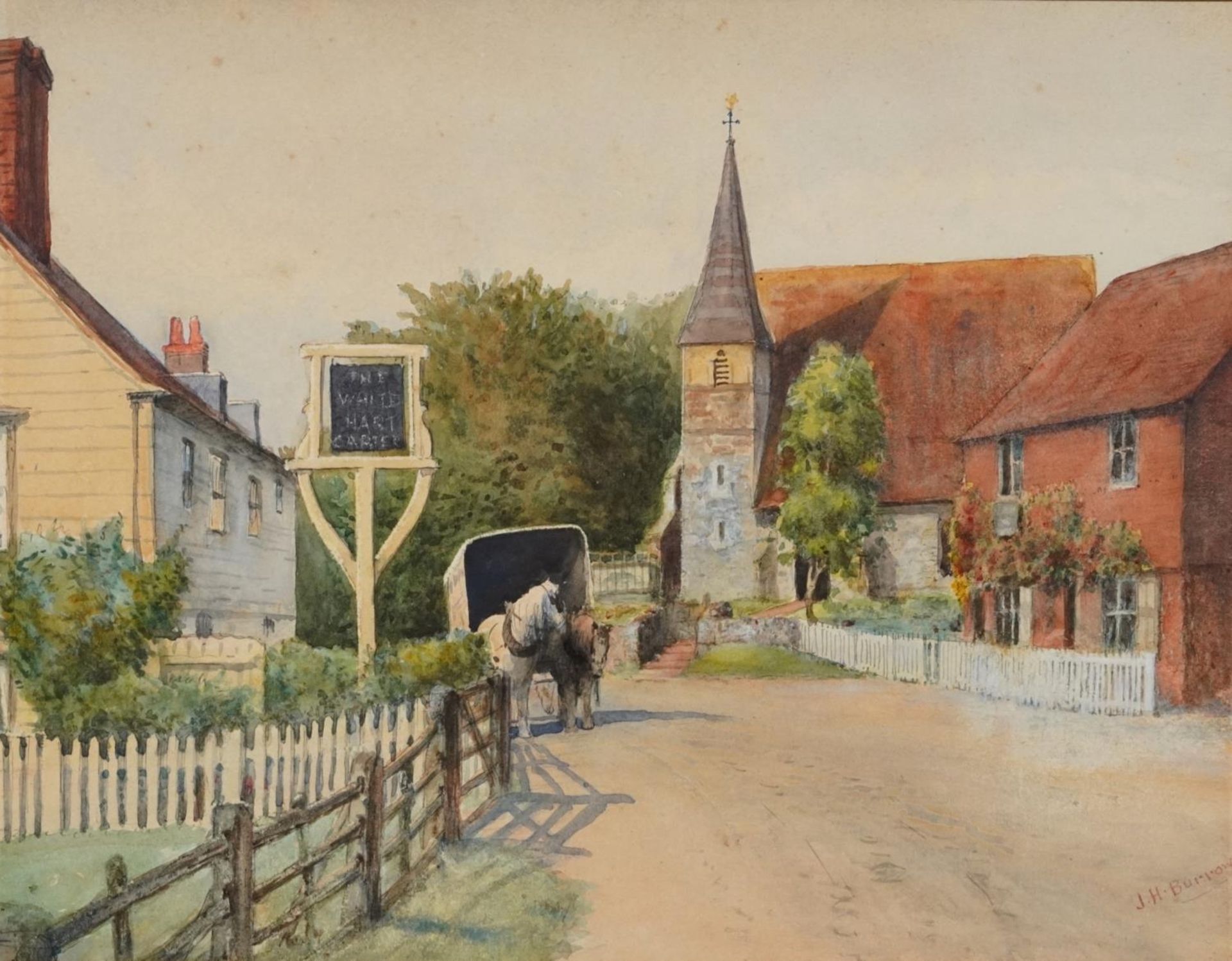 J H Burrow - Street scene with horse and cart, early 20th century watercolour, mounted and framed,