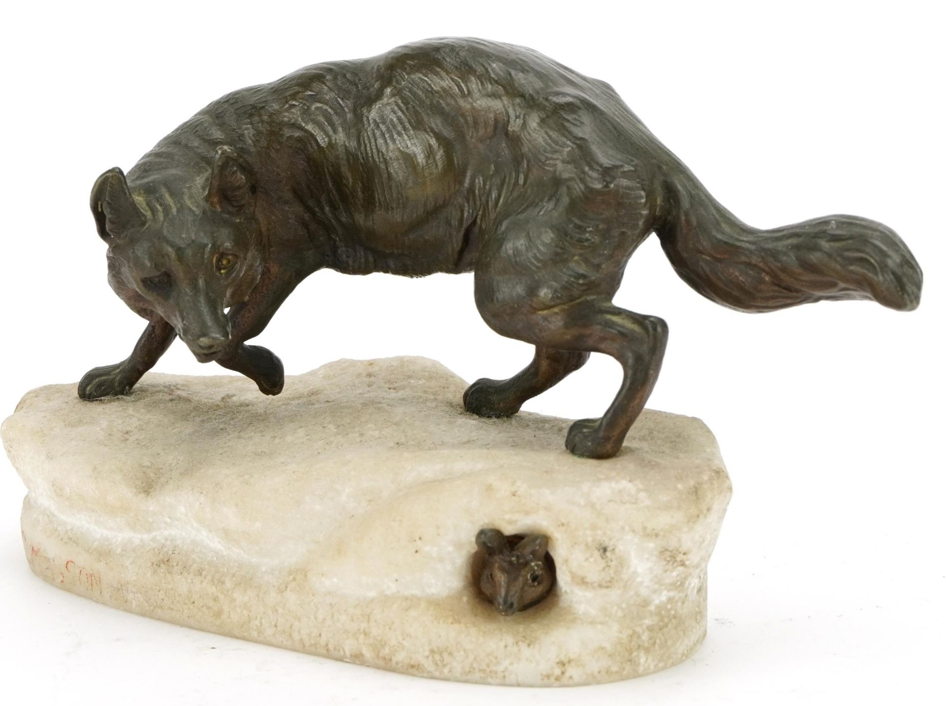 Charles Masson, patinated bronze study of a fox and rabbit raised on an onyx base, 22cm wide