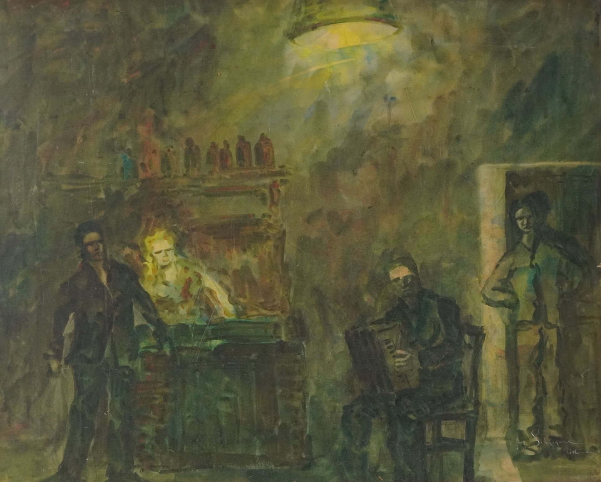 Figures in an interior, 1950s school watercolour, framed and glazed, 61.5cm x 49.5cm excluding the