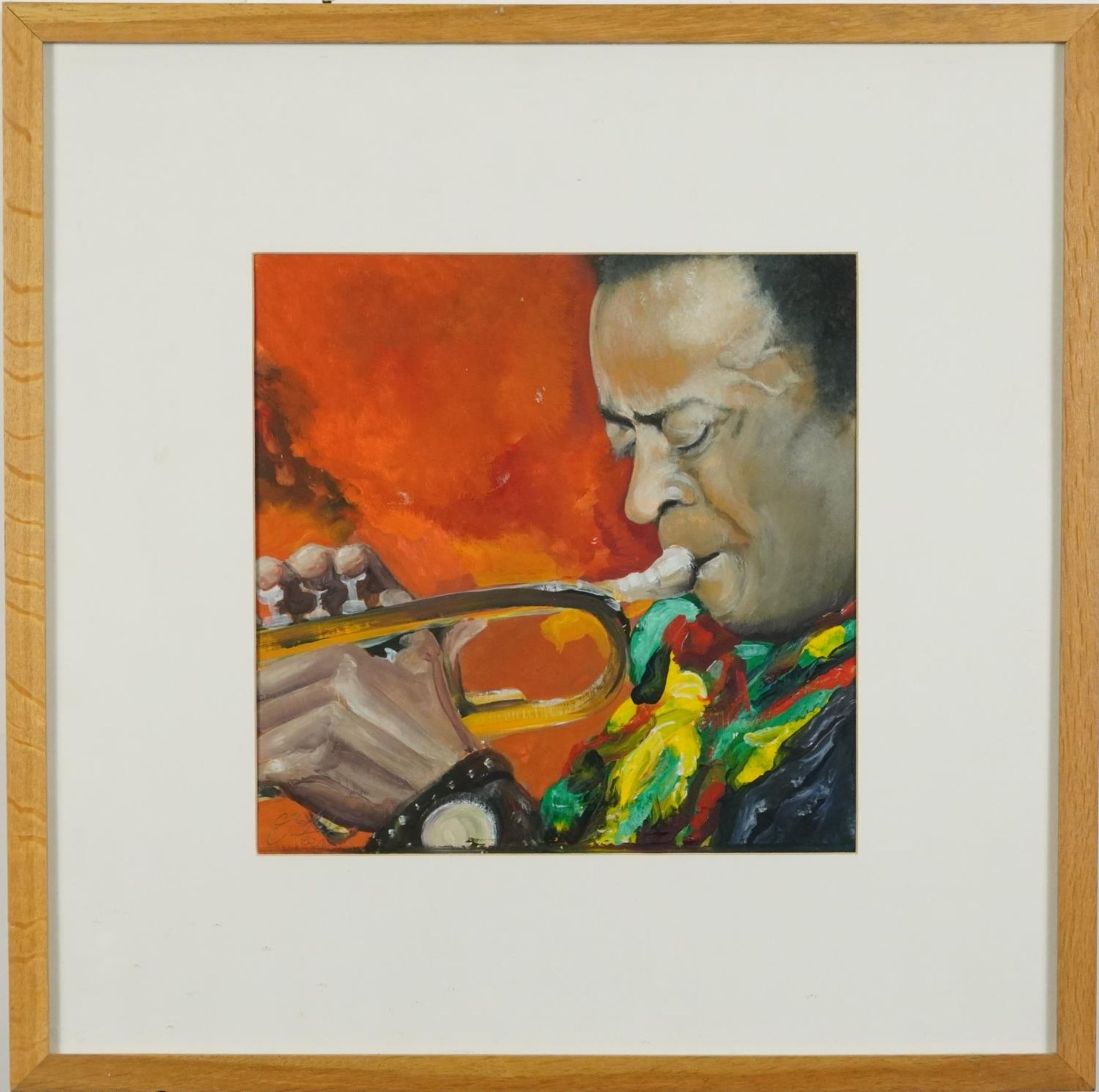 Clive Fredriksson - Portrait of Miles Davis playing the trumpet, oil, mounted, framed and glazed, - Image 2 of 4