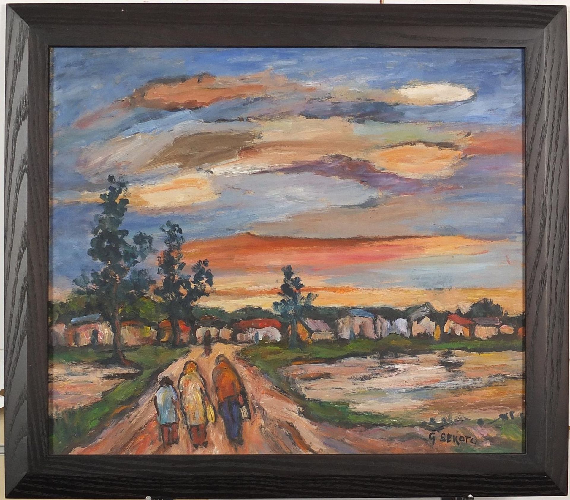 Manner of Gerard Sekoto - Figures on a path before a town, South African school oil on board, - Bild 2 aus 5