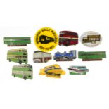 Nine enamelled metal badges and one other including Concorde, buses and trains, the largest 4.5cm in