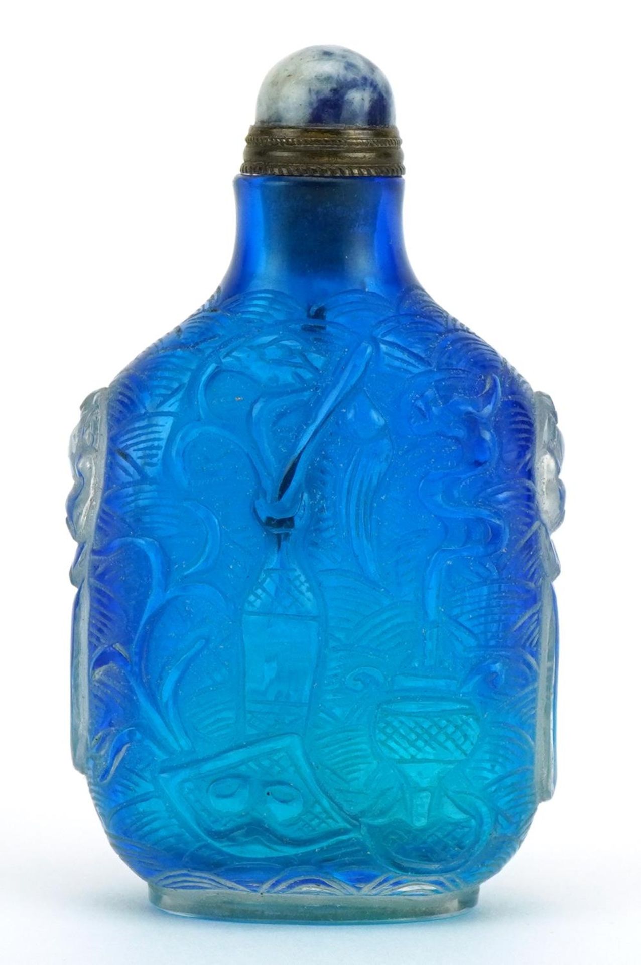 Chinese blue glass snuff bottle decorated in relief with lucky objects, 7.5cm high - Image 2 of 4
