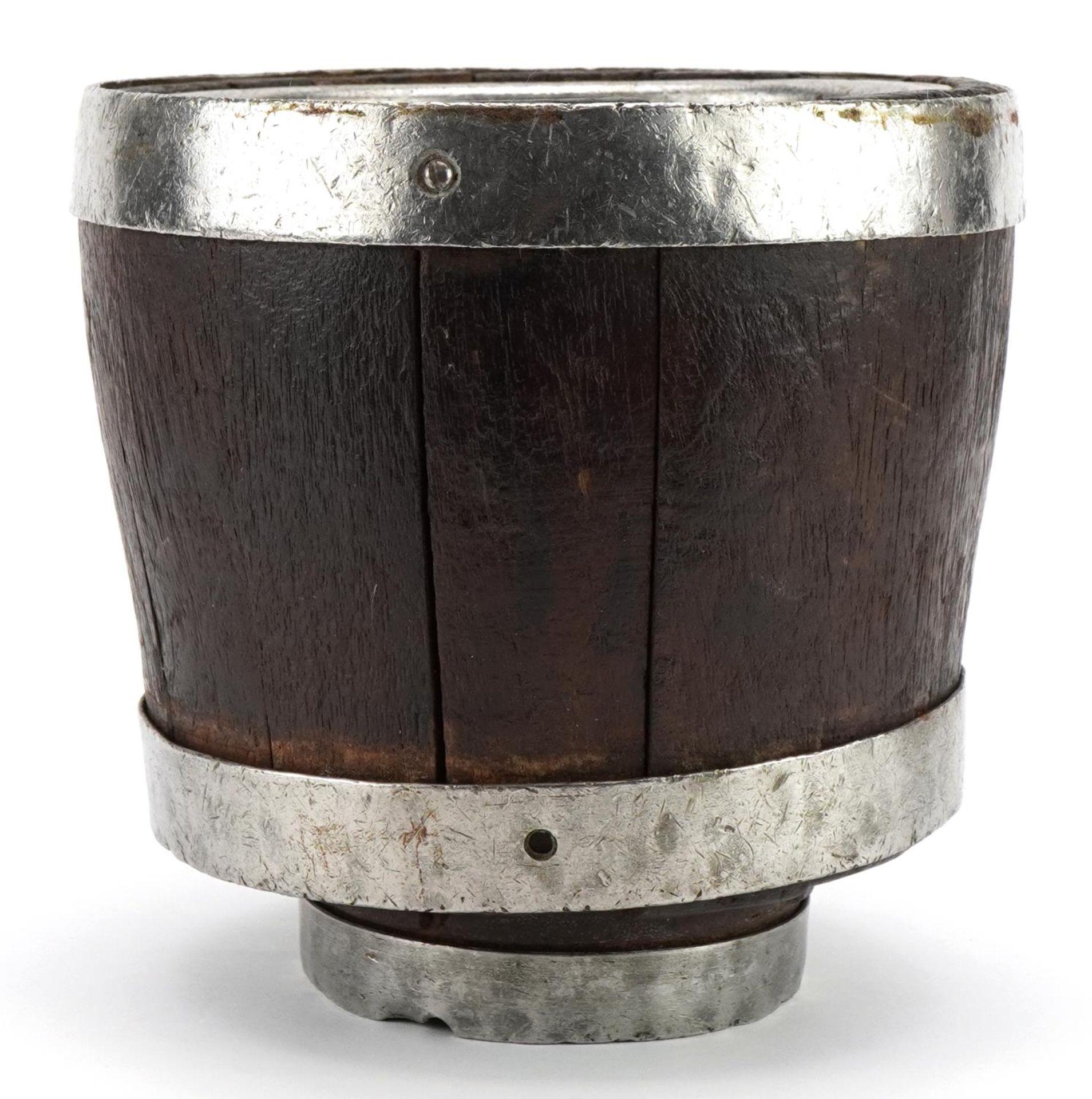 Antique oak and coconut metal bound barrel planter, 19cm high x 19cm in diameter - Bild 2 aus 3