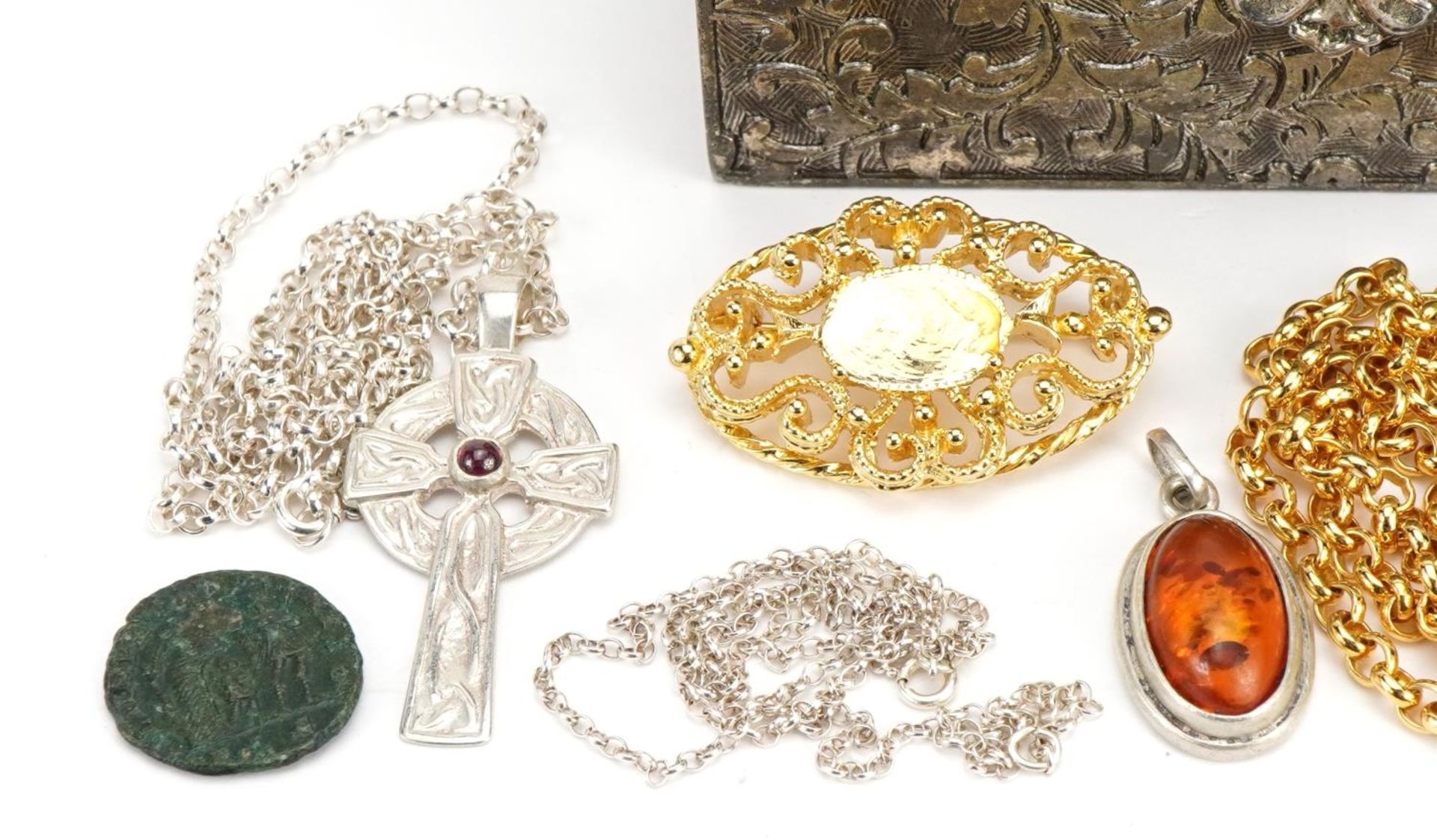 Costume jewellery, some silver and two antique coins housed in a white metal jewel box, 10.5cm wide - Image 2 of 4